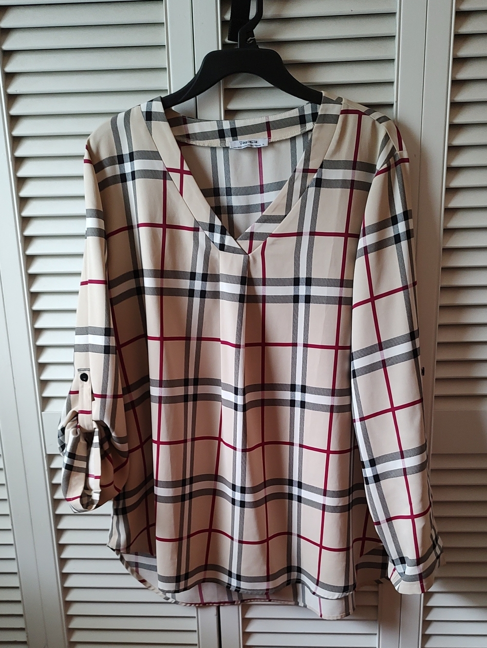 Cream Plaid V-Neck Women's Blouse with Red and Black Windowpane